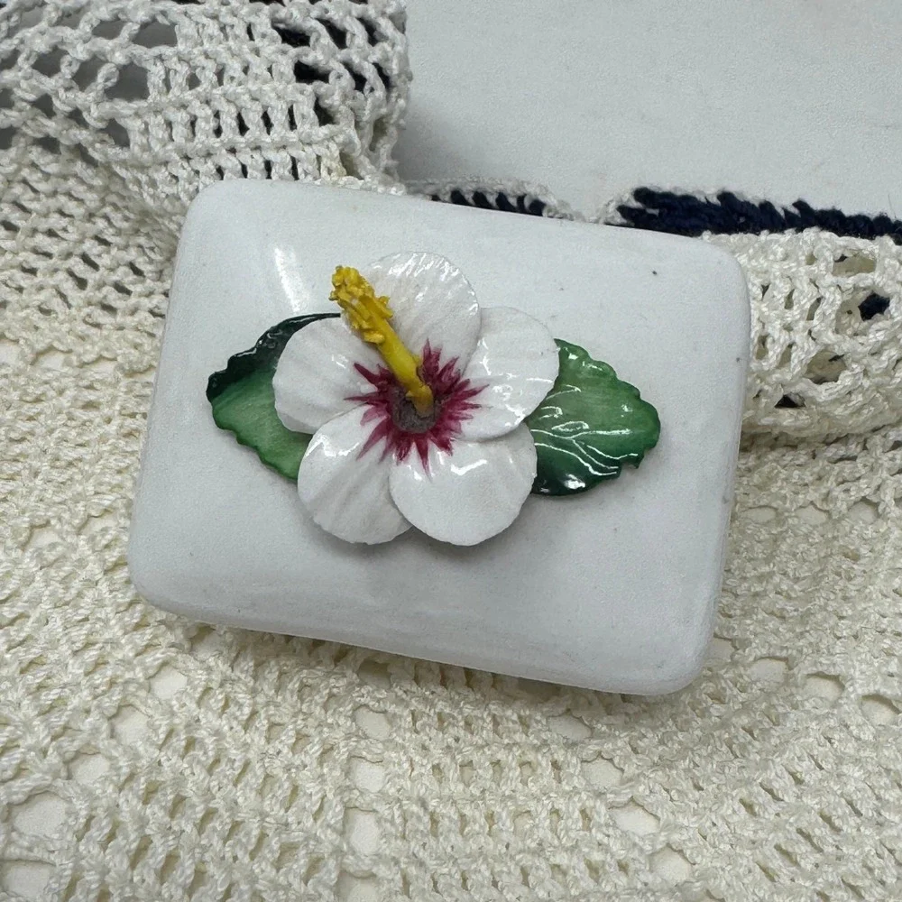 Artone England Hand Painted Bone China Trinket Box White Hibiscus Flower Vintage